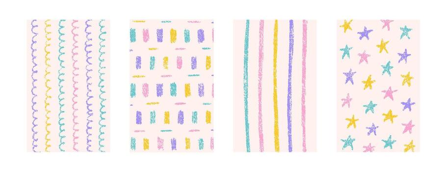 Hand drawn crayon textures pattern set. Childish colorful freehand scribble and shapes background. Collection of design elements wavy lines, stars, stripes vector