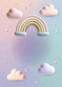 Soft pastel background with rainbow, clouds. Cute festive design, space for text. Perfect for greeting card or invitation vector