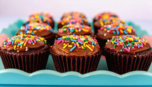 A tray of chocolate cupcakes with colorful sprinkles on top. The cupcakes are arranged in a neat row, and the sprinkles add a festive touch to the presentation. Concept of celebration and indulgence photo