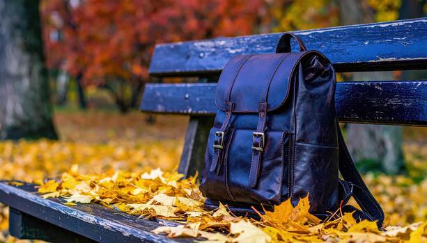 A brown leather backpack sits on a bench in a park. The leaves on the ground are yellow, creating a warm and inviting atmosphere. The backpack is a symbol of adventure and exploration photo