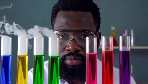 A man with glasses is standing in front of a row of colorful test tubes. He is wearing a white lab coat and he is a scientist. Concept of curiosity and scientific exploration photo