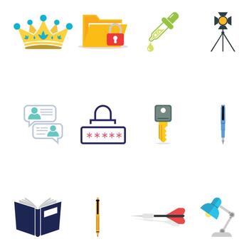 Various simple icons showing password, key, crown, book, lamp, and more isolated on white vector