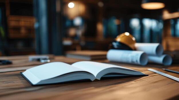 Open notebook, blueprints, and tools on workshop table photo