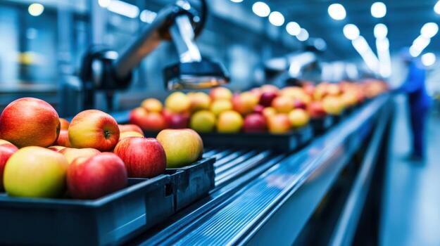 Automated apple sorting line in a modern food processing facility photo