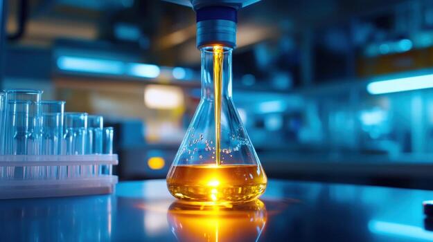 Lab flask filling with liquid in a modern science lab photo