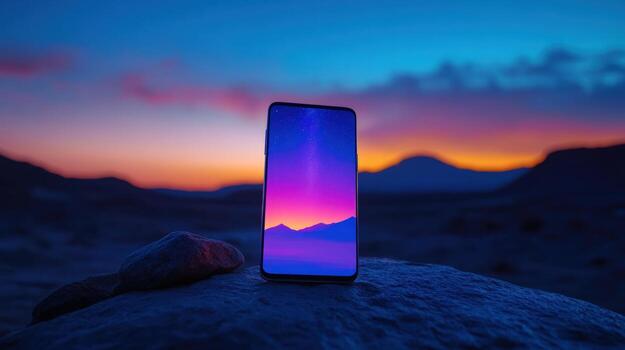 Smartphone displays sunset landscape photo