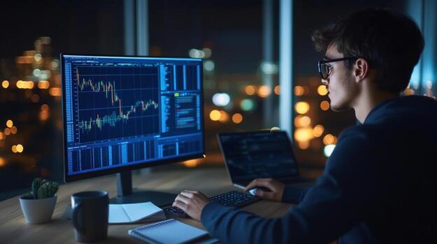 Nighttime trader analyzing market data photo