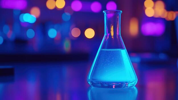 Neon Lit Erlenmeyer Flask in a Lab Setting photo