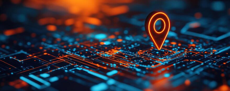 Digital Location Tracking A futuristic concept of geolocation technology on a circuit board. photo