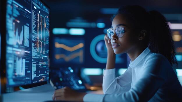 mujer descifrador analizando datos, noche oficina, brillante pantallas foto