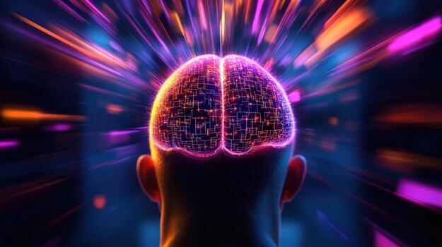 Illuminated Brain, Data Streams, Abstract Background, Mind Power, AI Concept photo