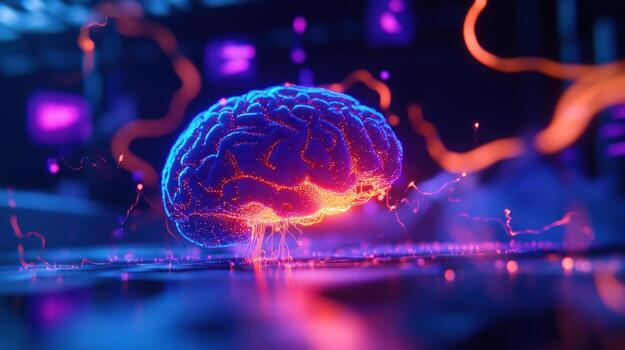 Glowing brain, digital lab, neural network, data streams, AI concept photo