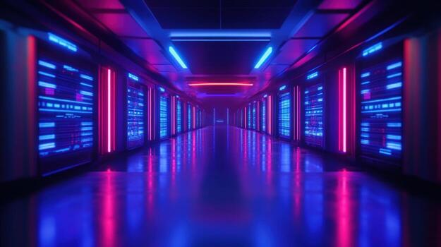 iluminado por neón servidor habitación corredor datos centro, digital infraestructura, brillante paneles, futurista antecedentes tecnología sitio web, Propaganda foto