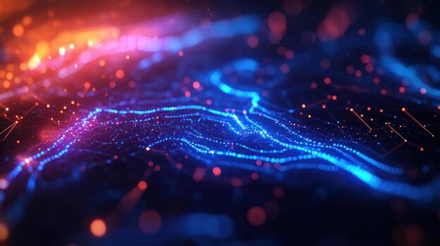 Abstract digital data flow, glowing particles, dark background, tech design photo