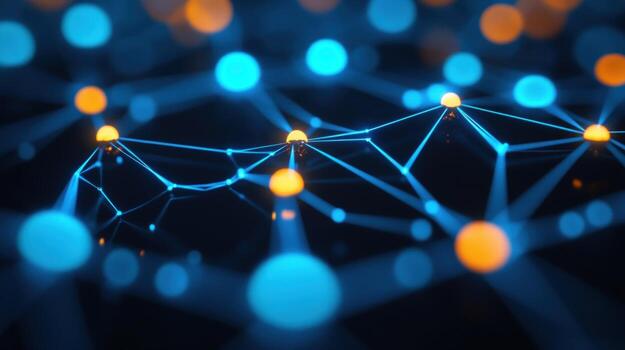 Abstract network connection, glowing nodes, dark background, digital technology photo