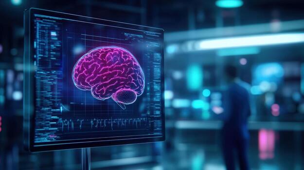 Digital brain scan displayed on screen in lab photo