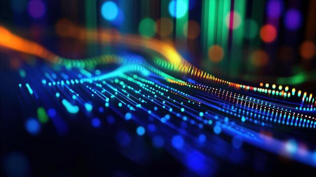 Abstract digital wave, vibrant colors, bokeh background, data visualization photo