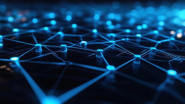 Global Network Connection Abstract digital nodes and lines, glowing blue, dark background, technology concept photo