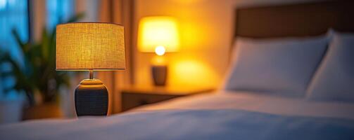 cabecera lámpara iluminado en acogedor dormitorio foto