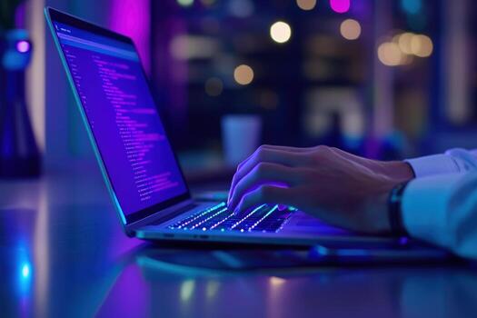 descifrador mecanografía código a noche, oficina bokeh foto