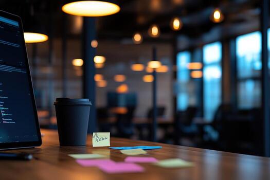 Programmer coding in modern office, coffee, notes photo