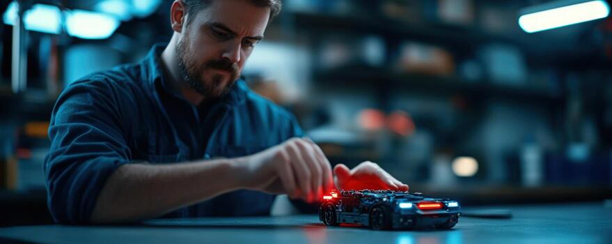Man assembling illuminated model car in workshop photo