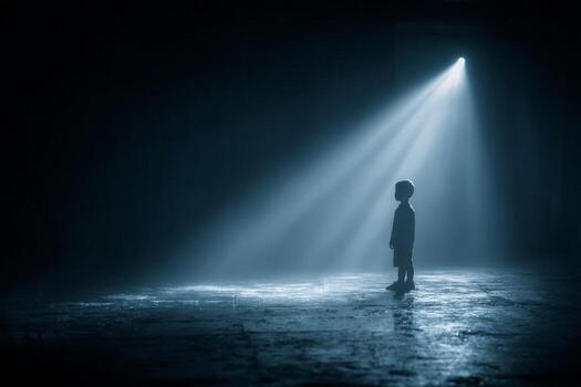 A person standing in the dark with light coming from the door photo