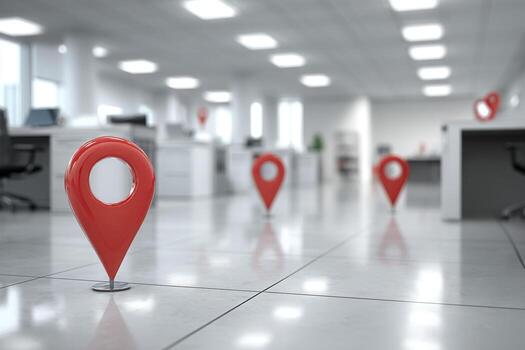 A red pin is placed in the middle of an office photo