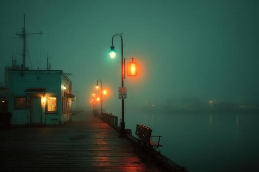A foggy night with a dock and a light post photo