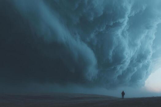 A man standing in front of a large storm cloud photo