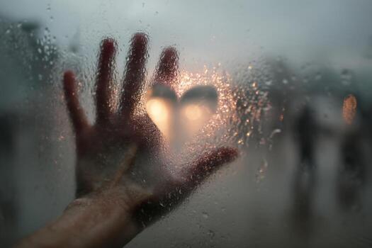 A hand is holding up a heart shaped object through a rain soaked window photo