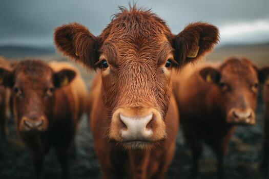 A group of brown cows standing in a field photo