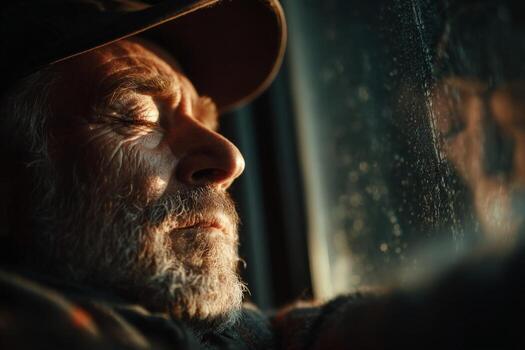 An older man with a beard and hat looking out the window photo