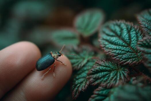 A beetle sitting on a finger in front of green leaves photo