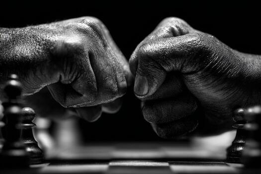 Two hands are holding each other on a chess board photo