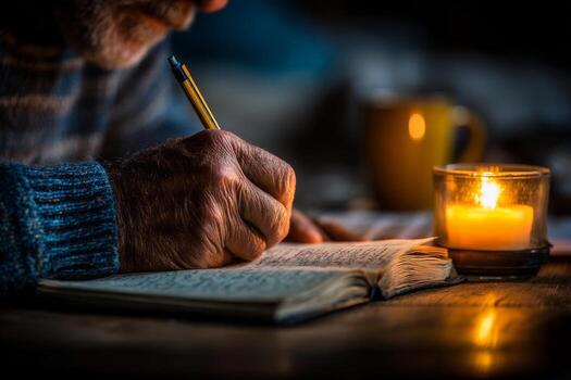 A man writing in a book with a candle in the background photo