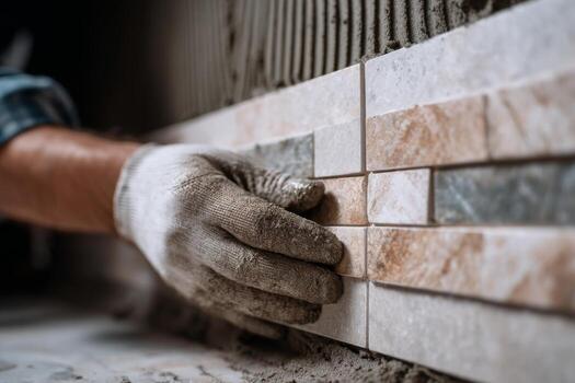 A man is using a tile to build a wall photo