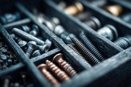 A close up of a wooden box with various screws photo
