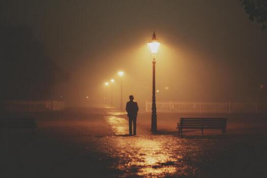A man stands alone in a foggy park at night photo