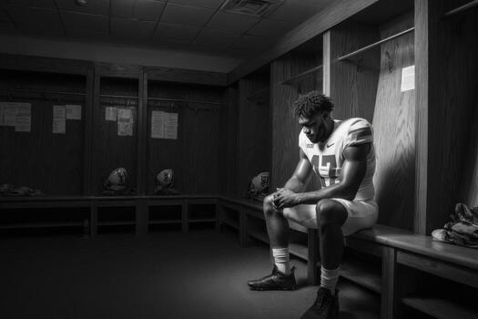 A black and white photo of a football player sitting in a locker