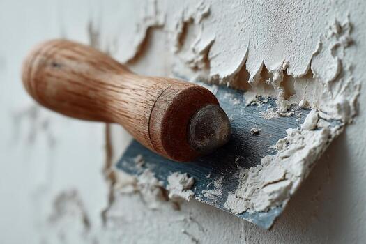 A wooden tool is used to scrape off the paint on a wall photo