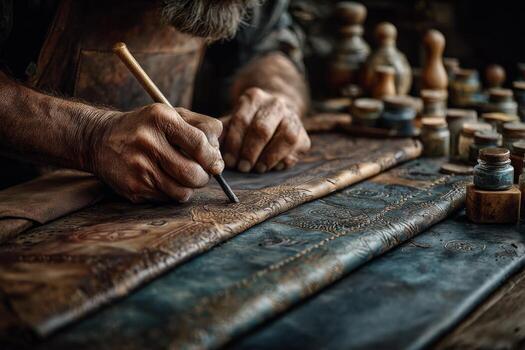 A man is working on a leather piece photo
