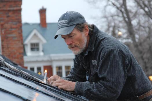 A man is working on a roof with a torch photo