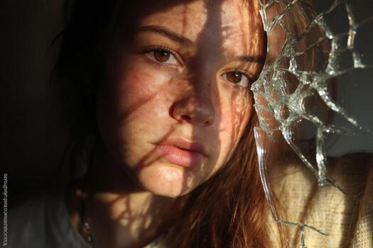 A girl with a broken window looking at the camera photo