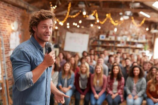 A man is speaking in front of a crowd photo