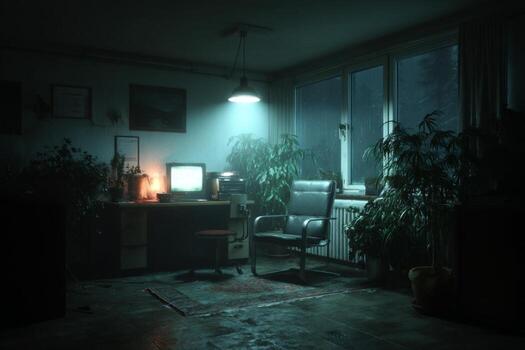 A dark room with a desk and chair photo