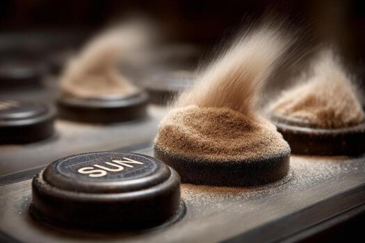 A close up of a keyboard with sand blowing around it photo