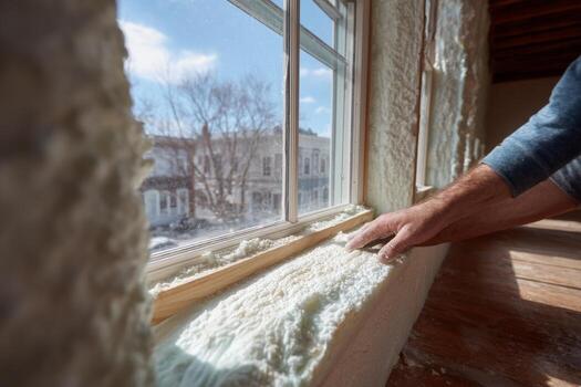 A man is installing insulation on a window photo