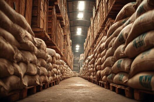 A long aisle in a warehouse with sacks of coffee photo