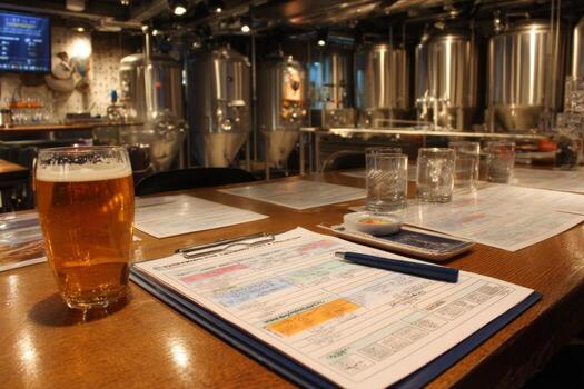 A beer glass on a table with a menu and pen photo
